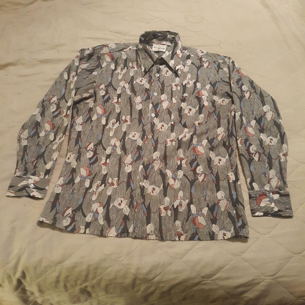 Male Duds Vintage Gray Floral Printed Polyester Button Down Shirt Size M